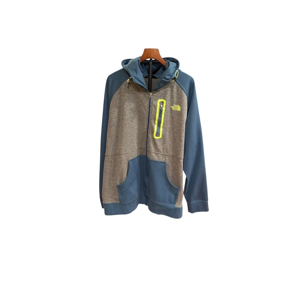 The North Face Mens Full Zip Hoodie Grey Blue Neon Yellow Logo Fleece Jacket